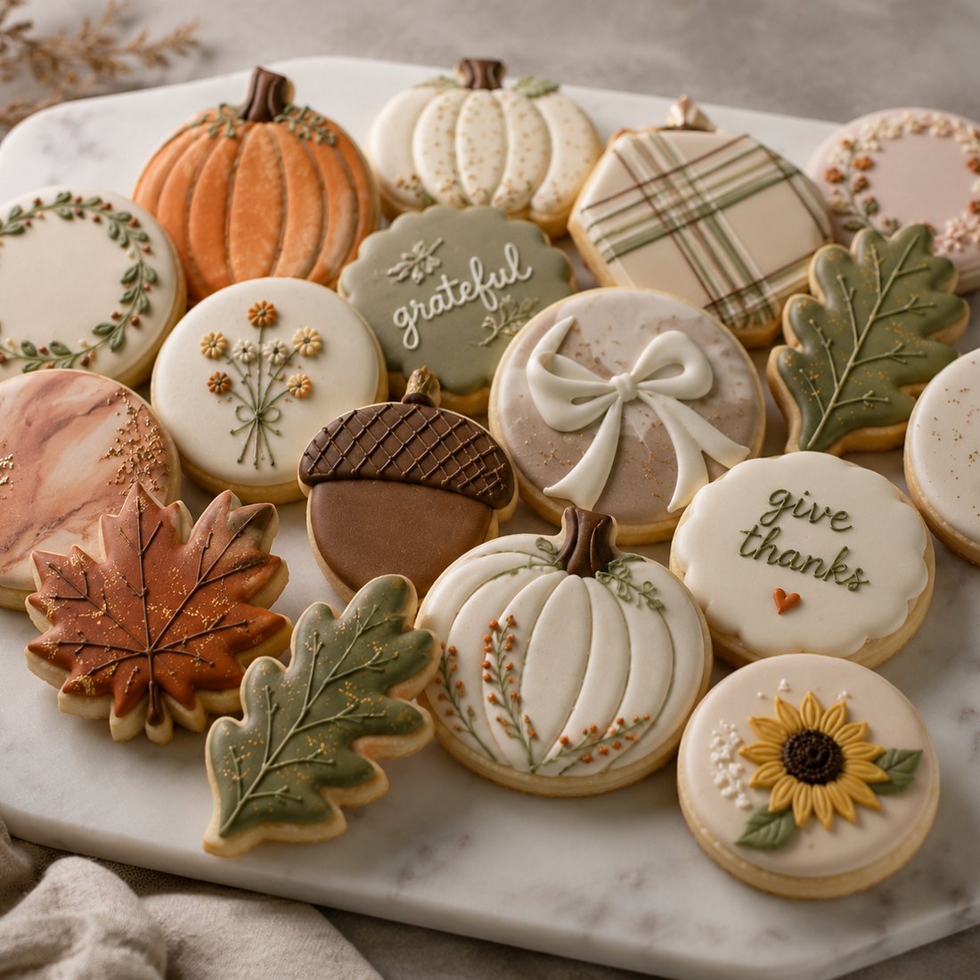 Decorated fall sugar cookies — pumpkins, sunflowers and autumn leaves