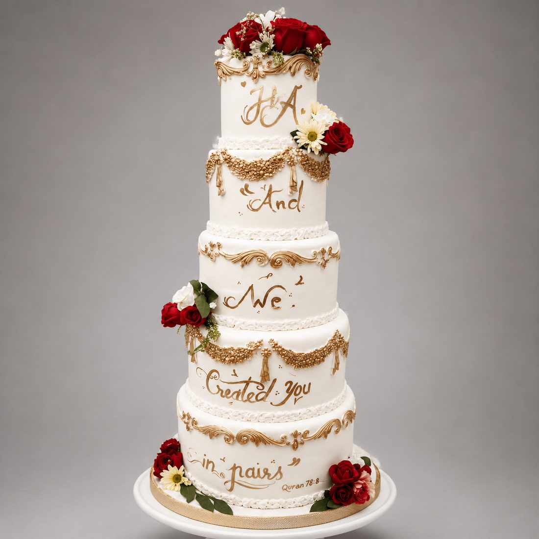 Gold calligraphy tiered wedding cake