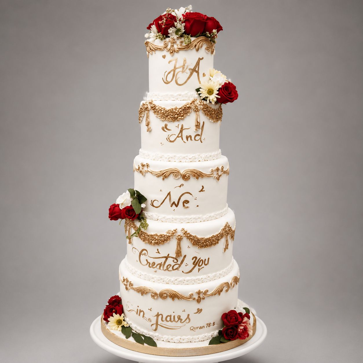 Elegant gold-detailed tiered celebration cake by Huda Cakes
